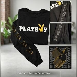 Playboy All Work No Play Graphic Long Sleeve Shirt Black Gold XL